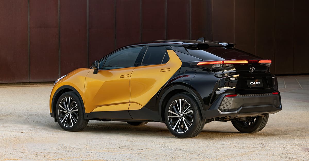 A Toyota C-HR is prominently displayed in the image, showcasing its sleek design and modern features.