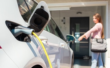 A woman is charging her electric car at a charging station, showcasing sustainable energy use and modern technology. globalblog'