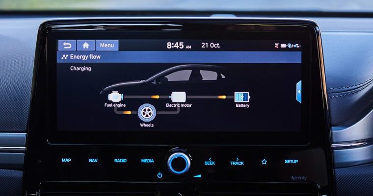 The car's dashboard display highlights various features and controls for enhanced driving experience.