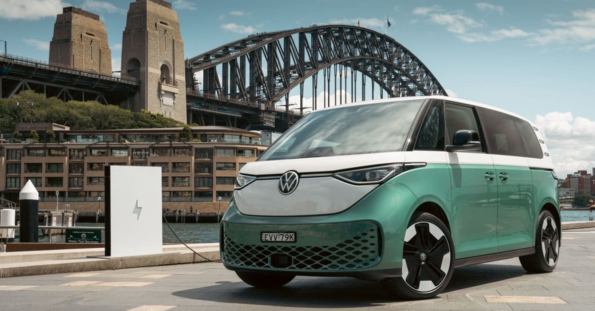 Volkswagen ID.3 electric car parked in a vibrant Sydney street, showcasing modern design against an urban backdrop.
