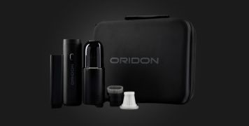 Collection of products included in Oridon 4-in-1 Power Kit with zip carry case. Pictured is a multi-use power tool with attachments for vacuum, flashlight, air pump, and jumper starter.
