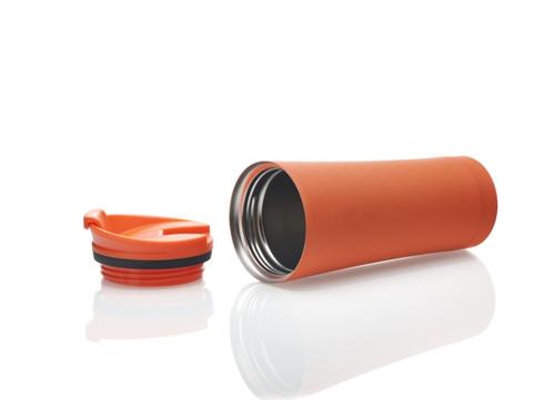 An orange travel cup against a white background