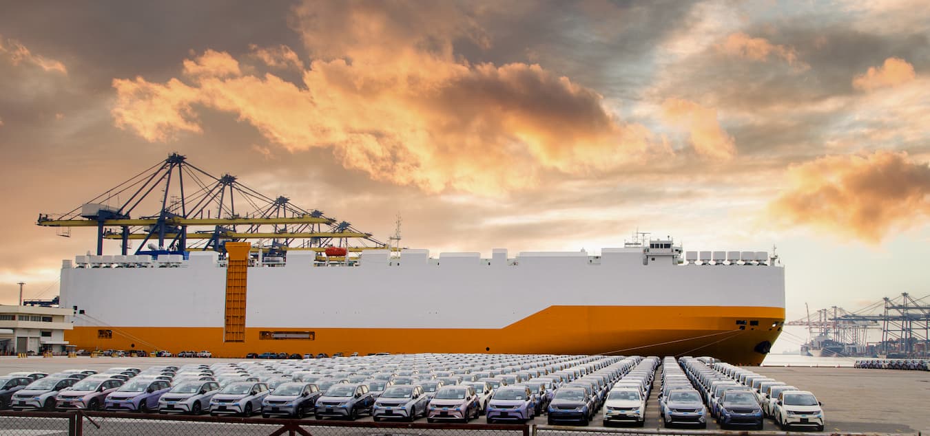 Vehicle carrier ship loaded at port terminal