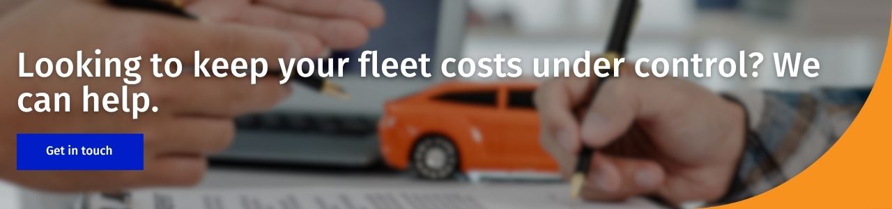 Looking to keep your fleet costs under control We can help: A banner with the text “Looking to keep your fleet costs under control? We can help.” and a blue “Get in touch” button over a blurred image of people signing paperwork beside a model car.