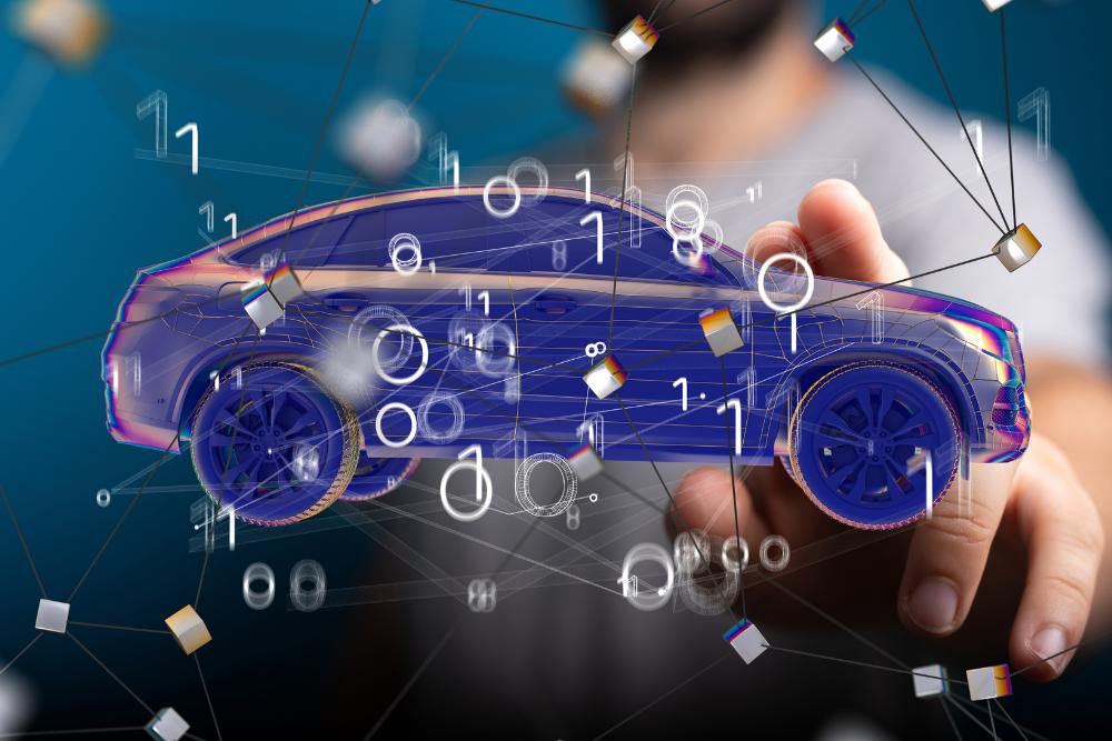 Managing excess mileage during summer months: A person holding out their hand towards a glowing blue holographic wireframe model of an SUV, surrounded by floating binary digits and geometric shapes against a dark blue background.
