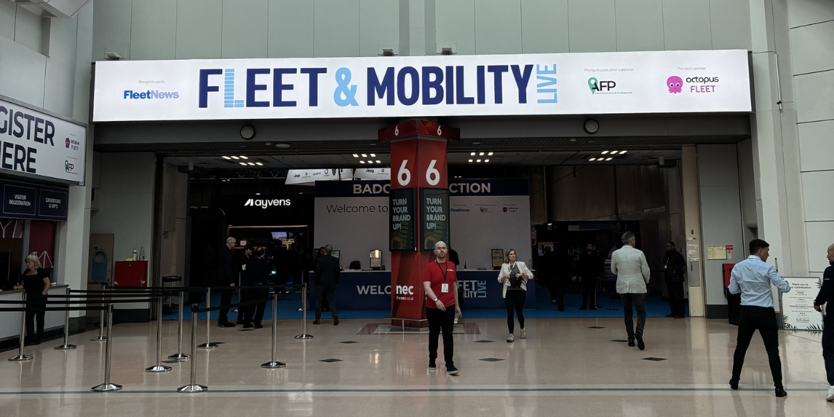 sg fleet & mobility live sg fleet mobility live: Entrance to Fleet & Mobility Live 2026 at the NEC Birmingham, with visitors walking beneath the event banner